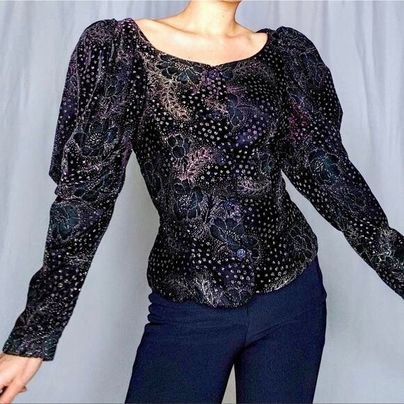 80s Scott McClintock Velvet Purple Puff Juliet sleeve glitter top Shacket Small - Picture 1 of 7